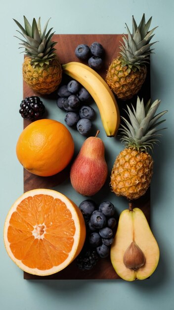 Photo various fruits are beautifully arranged on a light background view from above