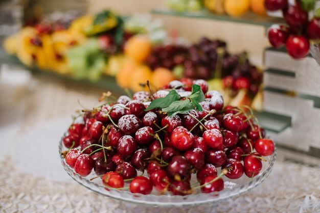 Various fruits beautifully decorated on the buffet table for the celebration