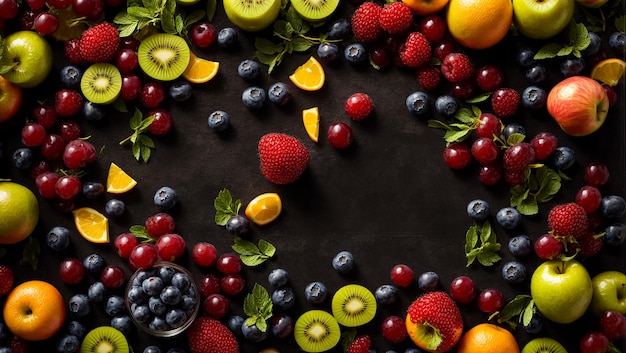 various fruits and berries on a dark background