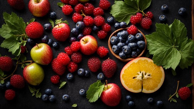 various fruits and berries on a dark background