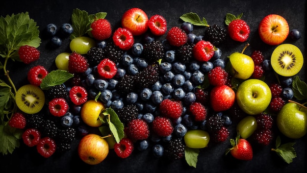 various fruits and berries on a dark background