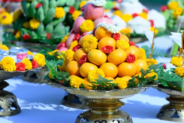 Various fruits and offerings were arranged for the worshiping ceremony of the gods of hinduism