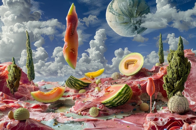 Various fruits and vegetables are suspended in the air creating a surreal floating collage of colorful and fresh produce A surreal landscape inspired by the flavors of prosciutto and melon