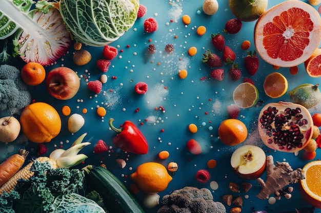 Various fruits and vegetables displayed on a table Creating a visual representation of the impact of food safety on public health