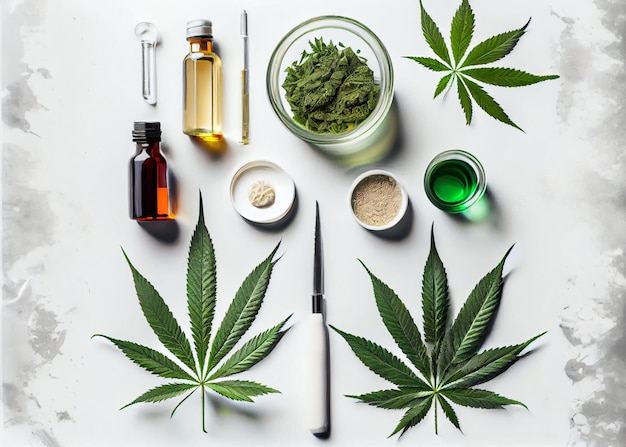 Various glass bottles with CBD oil THC tincture and hemp leaves on a white background Flat lay minimalism AI Generated