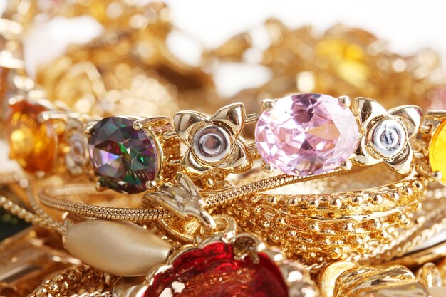 Various gold jewellery closeup