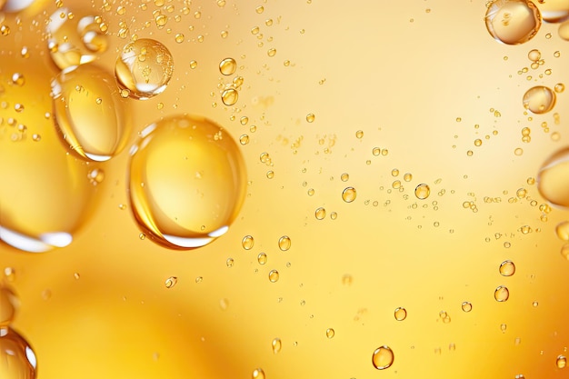 Various golden yellow bubbles of oil or serum on a copy space background representing cosmetic or sp