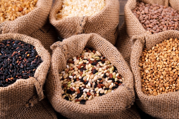 Various grains and rice in a sack