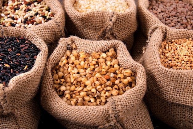 Various grains and rice in sack