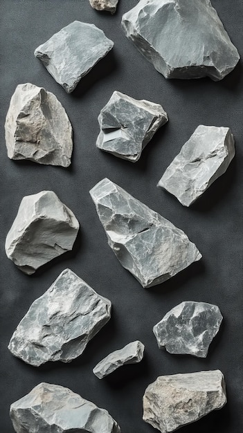 Photo various gray rocks arranged on dark surface geological study concept