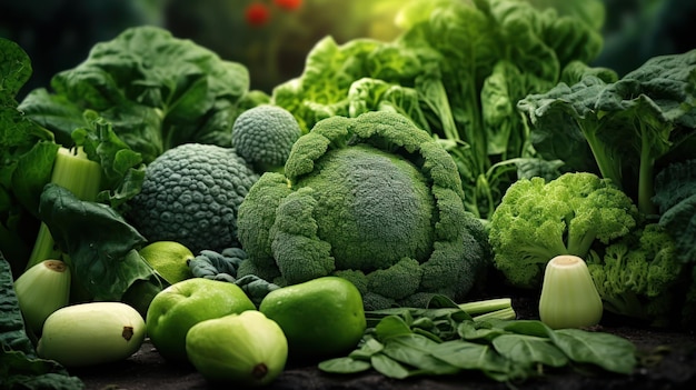 Various green vegetables and fruits