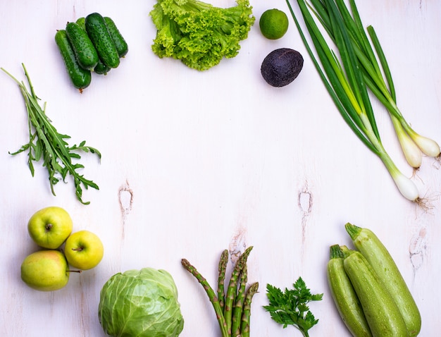 Various green vegetables and fruits