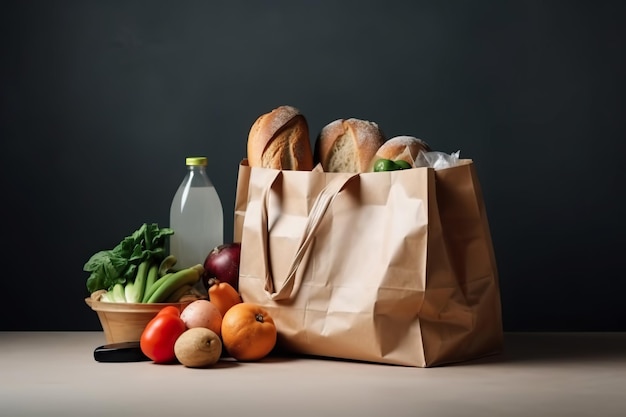 Various grocery items in paper bag on white table opposite gray wall Generative ai