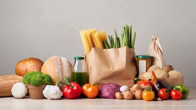 Various grocery items in paper bag on white table