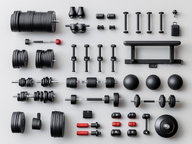 Photo various gym equipment on white background modern and organized