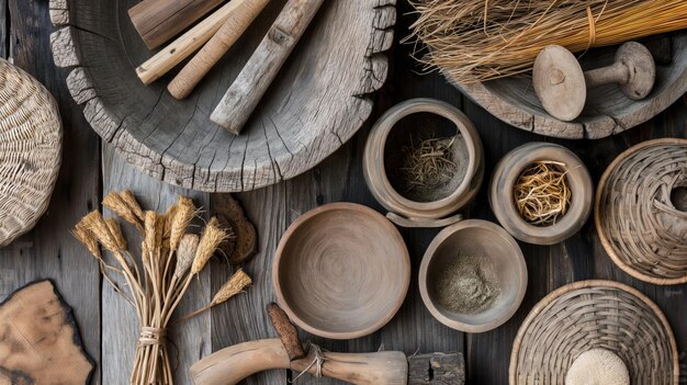 Photo various handmade pottery pieces and natural crafting materials are beautifully arranged on a wooden surface showcasing the art of traditional craftsmanship