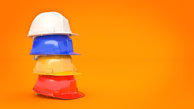 Various hard hats safety helmets 3D rendering