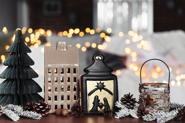 Various home christmas or new year decorations composition at coffee table