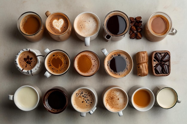 Various hot beverages drinks Different coffee drinks assorted isolated on white background