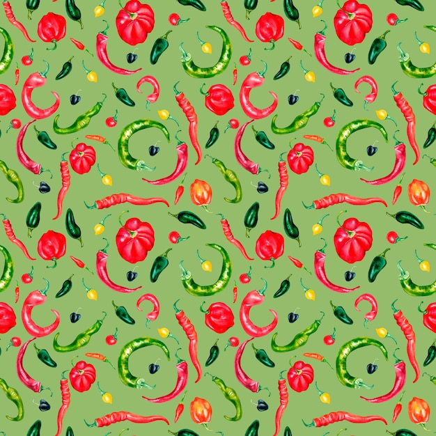 Various hot peppers watercolor seamless pattern isolated on green