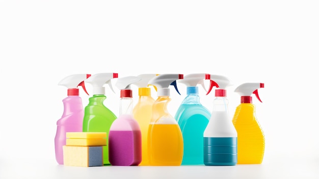 Various household cleaning products isolated