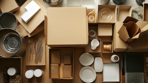 Photo various household items packed in cardboard boxes viewed from above