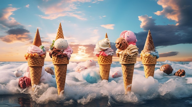 various ice cream cones over sea background