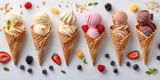 Various ice cream cones with different flavors toppings and fruits on white background Concept Ice Cream Cones Flavors Toppings Fruits White Background