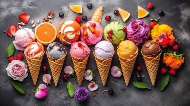 Various of ice cream flavor in cones blueberry strawberries