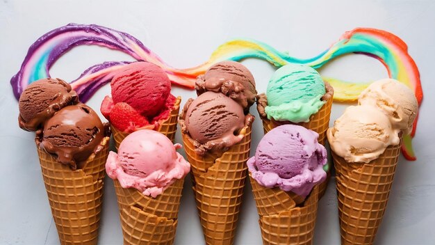 Various of ice cream flavor in cones setup on white background for sweets menu design