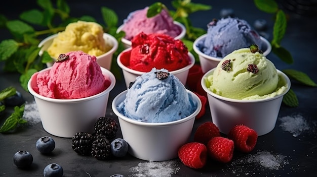 Various of ice cream flavor whit fresh blueberry strawberry kiwi lemon vanilla setup