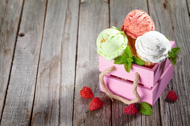 Various ice cream in waffle cones