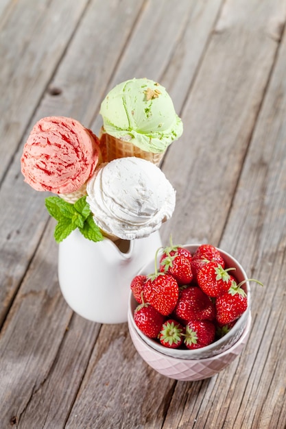 Various ice cream in waffle cones