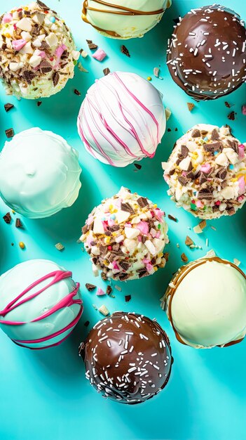 various icecream balls on turquoise background