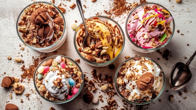 Various icecream sundaes with white table