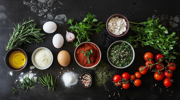 Photo various ingredients for cooking including eggs herbs tomatoes and spices