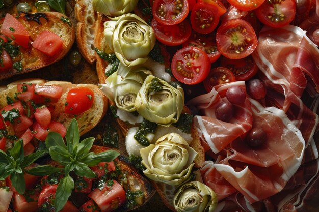 Photo various italian appetizers and antipasto dishes arranged on a table an artistic representation of the paleo diet