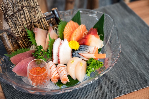 Various japanese fresh sashimi fish and seafood set