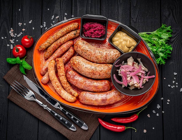 Various kind of grilled sausages on a plate