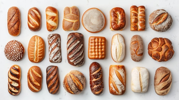 Various kinds of bread on white background