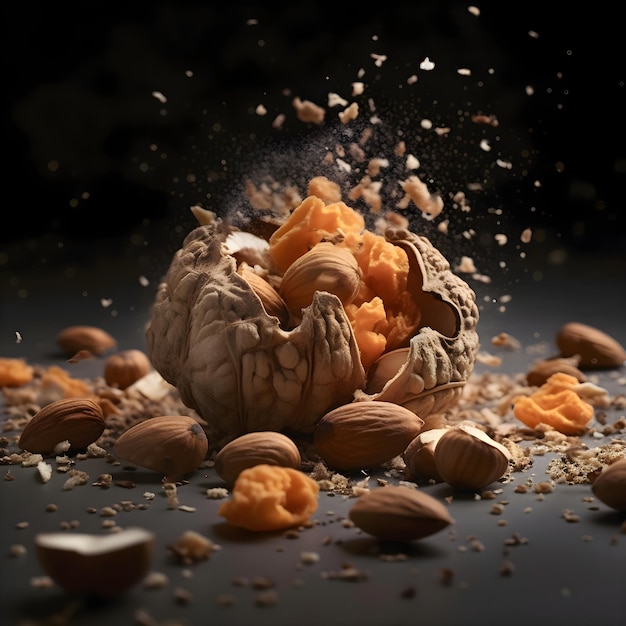 Various kinds of nuts and dried fruits falling on a black background