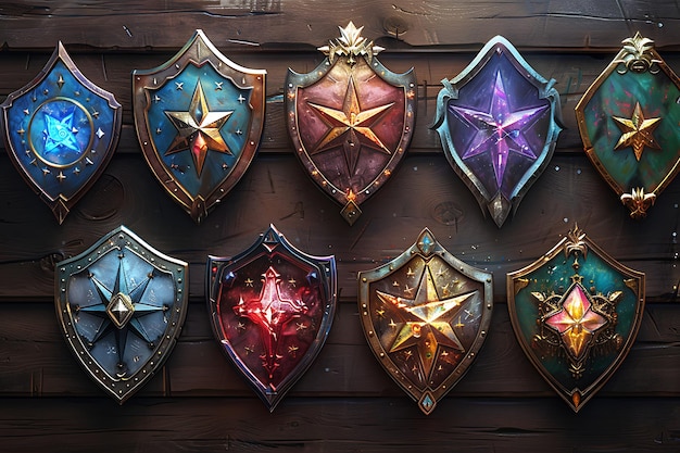 various knight shields set 3d illustration set illustration in cartoon style protected concept