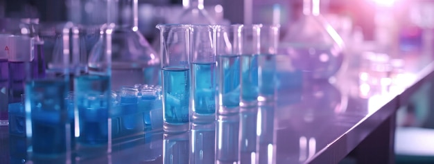 Various laboratory glassware with blue liquid solutions on a reflective surface Closeup photography