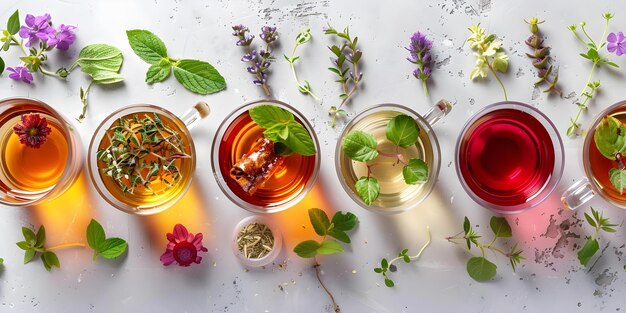 Photo various loose leaf tea infusions in cups garnished with fresh herbs on a light background concept loose leaf tea tea infusions fresh herbs tea cups light background