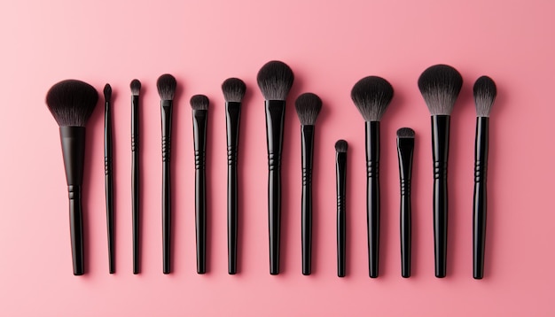 Various makeup brushes on pink background top view Cosmetics and beauty concept