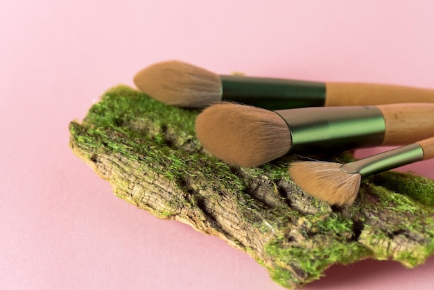 Various Makeup Brushes on Tree Bark with Moss Pink Background Minimal Modern Concept Horizontal