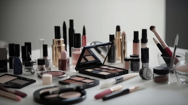 Various makeup professional cosmetics on white table Generative AI