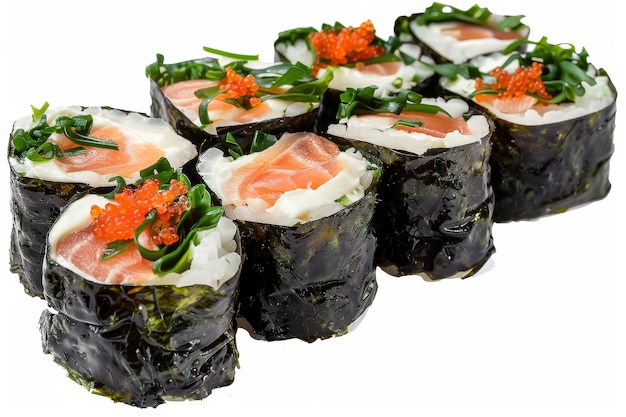 Various Maki Sushi Set Isolated on White Background Top View Baked Norimaki Rolls