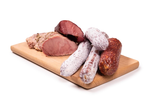 Various of meat, smoked meat, sausage, salami isolated on a white background.