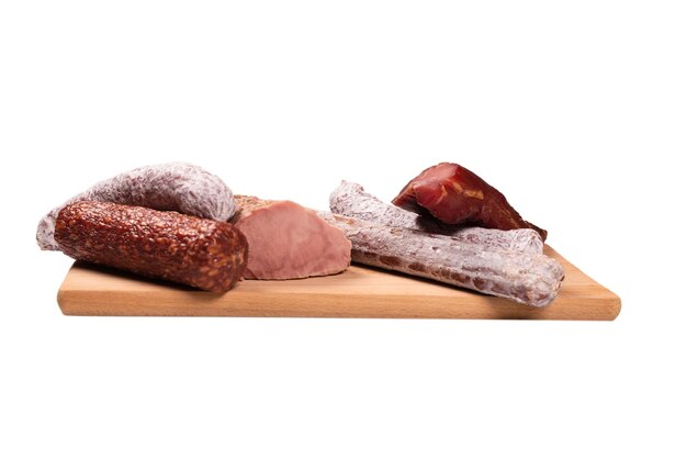 Various of meat, smoked meat, sausage, salami isolated on a white background.